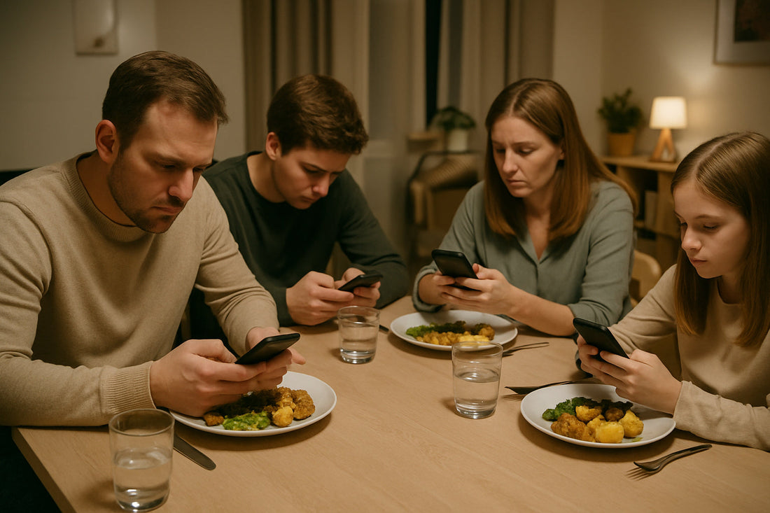 Šeima sėdi prie vakarienės stalo, bet kiekvienas įnikęs į savo telefoną – nėra bendravimo, emocinis atšalimas, paaugliai ignoruoja tėvus,